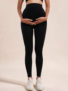 Maternity Seamless Solid Color High Waist Ribbed Waist Yoga Pants Leggings, Basic Slim Fit Sports Long Pants - Black - View 6