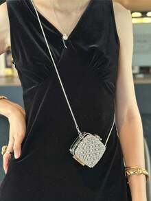 Women Evening Clutches,Mini Square Hard Box Crossbody Bag, Minimal Sparkly Luxury Style, For Club Cocktail Party Night Out Ladies All Seasons - Silver - View 2