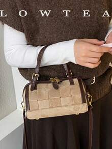 low tea 1pc Contrast Color Fashion Small Bucket PU Fabric Handbag With Adjustable Shoulder Strap, Suitable For Commuting, Shopping, Etc. - Light Khaki - View 2