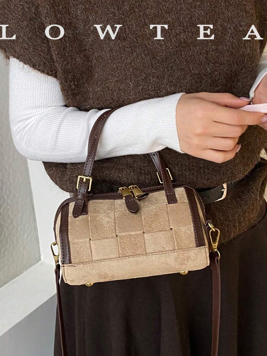 low tea 1pc Contrast Color Fashion Small Bucket PU Fabric Handbag With Adjustable Shoulder Strap, Suitable For Commuting, Shopping, Etc.