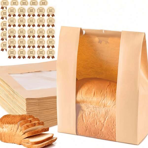 Toast Bags, Bread Paper Bags, Kraft Paper Bags, Greaseproof Sandwich Bags, Homemade Bread Bags, 50pcs Sourdough Paper Bread Bags With Window, Large Baking Bags For Baking Food Packaging, Storage And Gifting, Includes 50pcs Bread Stickers