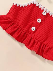 Baby Girl 2pcs Set Tie Bow Spaghetti Strap Ruffle Short Top With Santa Claus Patchwork Big Bow Skort, Sweet Festive Christmas Style Breathable Bubble Crinkle Texture Infant Holiday Party 100 Days Photo Outfit - Red - View 6