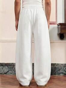 Teen Boys Relaxed White 3D Stitch Wide Leg Pants, Drawstring Waist Loose Snug Fit Versatile Knit Sports Long Pants - White - View 3