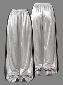 Lurzo Girls Casual Metallic Luster Loose Straight Leg Pants, Double Stripe Side Design, Smooth And Soft, Suitable For Daily, Outdoor, Performance Wear - Silver - View 1
