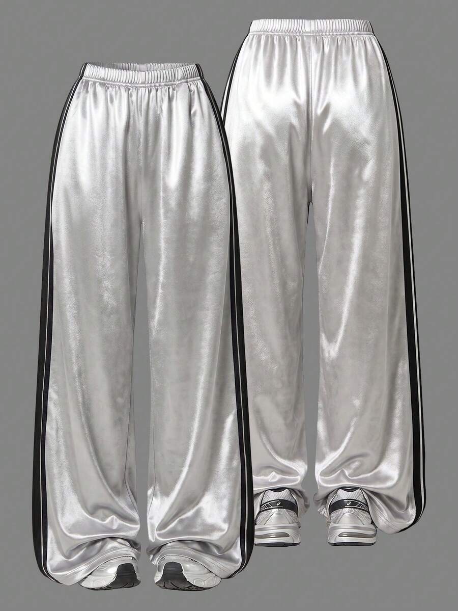 Lurzo Girls Casual Metallic Luster Loose Straight Leg Pants, Double Stripe Side Design, Smooth And Soft, Suitable For Daily, Outdoor, Performance Wear - Silver - View 1