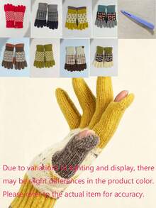 1pc Retro Color-Blocked Floral Pattern Knitted Gloves, Retro Mori Girl Style, Five-Finger Split Fit, Touchscreen Exposed Fingertips, Ribbed Cuffs, Suitable For Commuting, Outdoor Activities, And Everyday Life In Autumn And Winter. - Multicolor - View 12