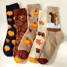 5 Pairs Autumn Pumpkin Maple Leaf Squirrel Print Mid-Calf Cotton Socks, Vintage Caramel Color Palette, Halloween Vibe Slouch Socks, Versatile Women's Socks - Multicolor - View 4