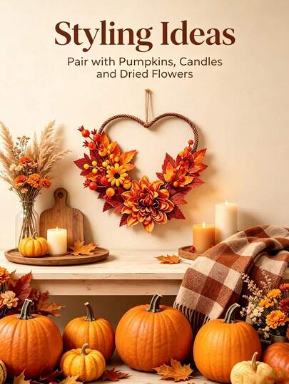 1pc Autumn Maple Leaf Pendant, Artificial Berry Sunflower Hanging Decoration, Heart-Shaped Wreath, Creative Vintage, Suitable For Bedroom, Window, Entryway, Wall Decoration, Home Decor, Room Decor, Wedding Season, Graduation Season, Back To School Season, Halloween, Christmas Gift Best Choice, Autumn Harvest Thanksgiving Atmosphere Decoration, Pastoral Style Artificial Flower Pendant, Autumn Harvest Theme Heart-Shaped Wreath, Autumn Decoration