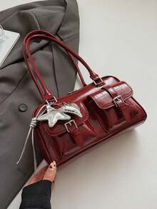 Solid Color Crocodile Embossed Pattern Shoulder Bag, Multi-Pocket Cylindrical Small Body, Easy Storage For Small Items With Zipper Closure, Long Hand-Carry Shoulder Strap With Star And Heart Pendant, Suitable For Commuting, Work, Dating, Shopping And Travel - Burgundy - View 7