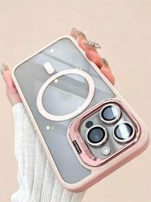Casing Ponsel 3-in-1 dengan Bingkai Logam Magnetik Sederhana, Pelindung Lensa/Stand, Kompatibel dengan 16 16pro 16proMax 15 15Pro 15ProMax 14 14Pro 14ProMax 13 13Pro 13ProMax 12 12Pro 12ProMax 11, Casing Pelindung Belakang Akrilik Anti Jatuh dengan Cangkang Keras - Berwarna merah muda - View 2