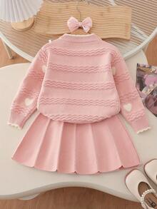 Tween Girl Heart Pattern Long Sleeve Sweater And Knitted Skirt Set - Pink - View 2