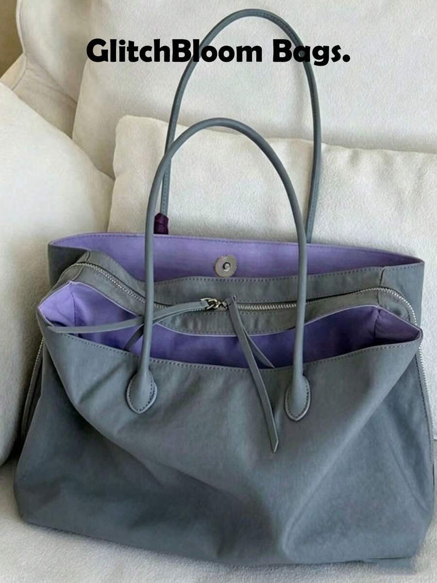 Black Large Capacity Tote Bag, Casual Nylon Shoulder Bag, Lightweight Commuter Travel Handbag (Accessories Not Included)