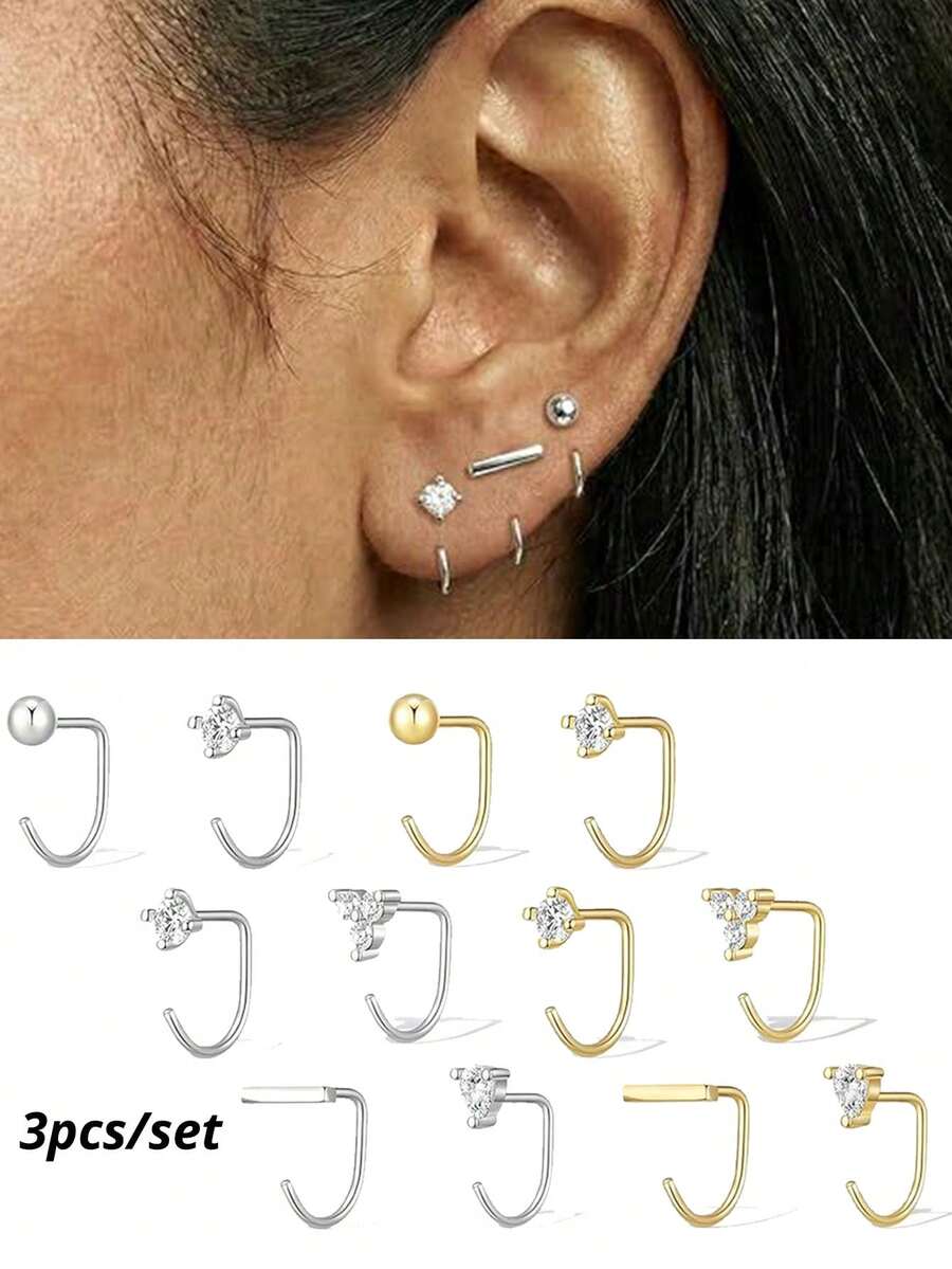 CIZME 3pcs 14K Earrings Backless Half Hoop Huggie Earrings Or Women Featuring Open Hoop Design Non-Tarnish Sleep Friendly Jewelry Charm Earring Hoop Gift - Golden and Silvery - View 1