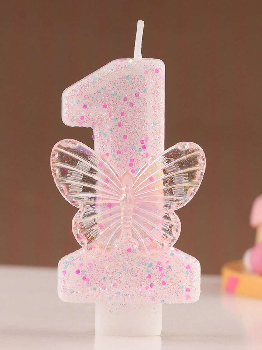 1pc Numeric Birthday Candle, Butterfly Birthday Cake Candle, Pink Glitter Cake Decor, Suitable For Girls And Women Anniversary Celebration