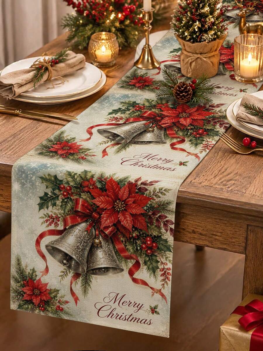 Christmas Table Runner, Throw Pillow, Placemat, Vintage Christmas Bell Red Ribbon, Red Holly Berry Print, Kitchen Dining Room Holiday Tabletop Decor - Multicolor - View 1
