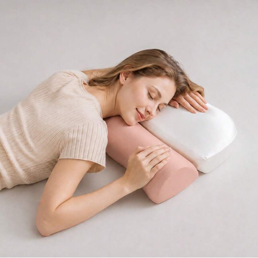 1pc Ergonomic Zoned Support Pillow For Deep Sleeping, Double-Sided Neck Support, Memory Foam Pillow Core & Removable Soft Cover, Home Use, All Seasons Suitable - Pink/White - View 1