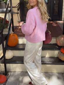 Women's New Autumn Round Neck Long Sleeve Knit Sweater Cardigan, Soft Casual Daily Commute College Style - Pink - View 6