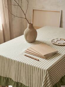 1pc Beige With Green Fine Stripes And Olive Green Ruffle Edge Tablecloth, Fresh Natural Style Fabric, Rectangular Olive Green Ruffle Edge Patchwork Detail Decorative Functional Dining Tablecloth Suitable For Daily Home Dining And Fresh Home Decor Scenes - Green - View 4
