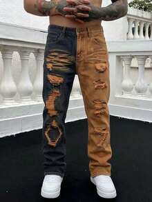 Men's Personalized Contrast Color Fashion Distressed Straight Leg Non-Stretch Denim Jeans - Orange - View 3
