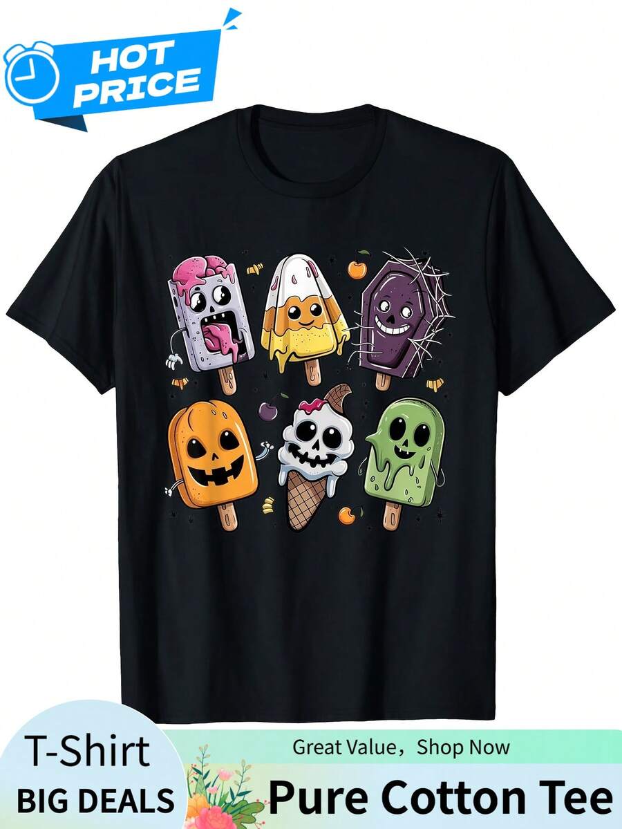 Humorous Summerween T-Shirt - Durable Horror Ice Cream Graphic Tee For Both Men And Women, Available In Sizes S-XXXL, Regular Fit Short Sleeve Shirt P - Black - View 1