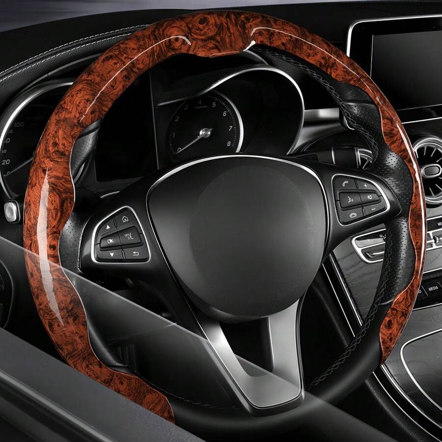 1pc Anti-Slip Steering Wheel Cover - Faux Mahogany Pattern + Lightweight + Center Alignment Mark + Embedded Easy Installation + No Inner Ring; For Car/Pickup/SUV/MPV/Van/D-Shape/O-Shape/Round Steering Wheel