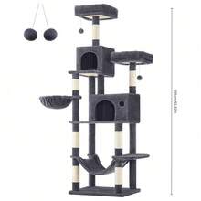 Multi‑Level Cat Tree, With Two Cat Houses, A Hammock And A Hanging Basket. Multiple Sisal Scratching Posts For Claw Sharpening, A Top Viewing Platform, And An Interactive Pom‑Pom Cat Toy. Suitable For Multiple Cats. - Random Color - View 12