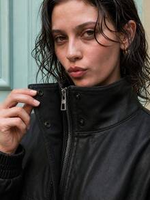 Fashion Black Plus Size PU Motorcycle Jacket For Women, Stand Collar, Covered Zipper, Elastic Hem, Autumn/Winter Streetwear Outerwear - Black - View 2