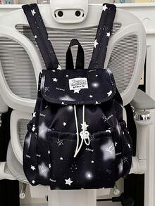 1pc Plaid Star & Bow Print Backpack, College Style Drawstring Flap Multi-Pocket Daily Bag, Suitable For Campus Daily Commute - Multicolor - View 6