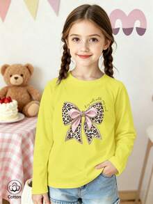 Girls Cotton Twill Long-Sleeved T-Shirt, Autumn/Winter Style, With Leopard-Print Bow Design, In A Cute And Sweet Preppy Style - Bright Yellow - View 4
