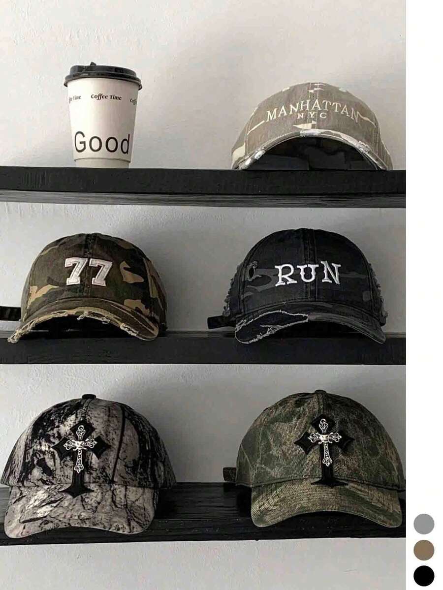 Unisex Camouflage Baseball Cap, Streetwear Adjustable Snapback Hat, Wide Brim Distressed Denim Washed Soft Crown Cross Embroidered Cap