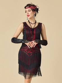 1920年代無袖 Flapper 舞女裙 大圓領《大亨小傳》風格 亮片流蘇 咆哮20年代 雞尾酒洋裝 - 紅色 - 查看 7