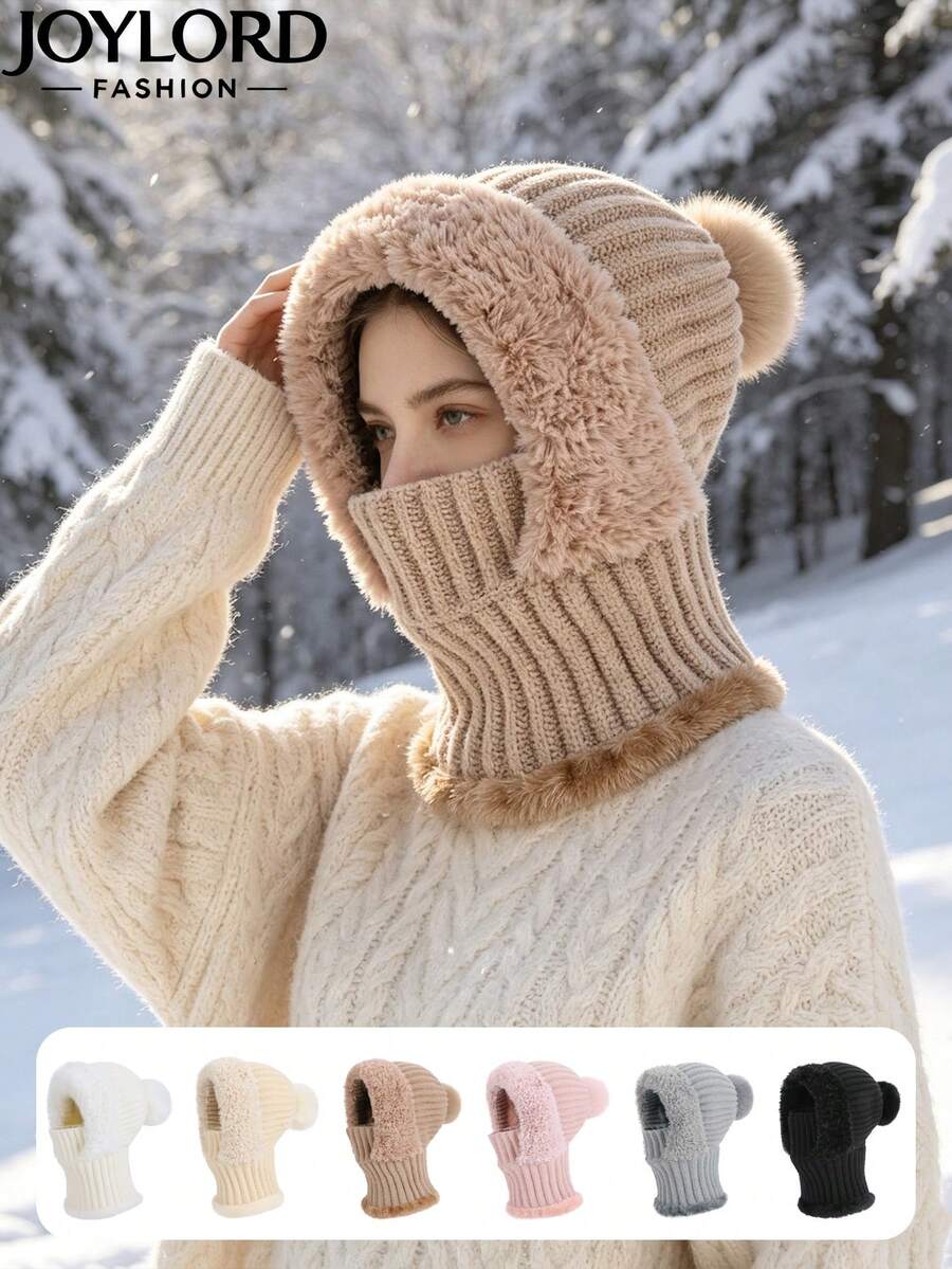 JOYLORD 1pc Women's Winter Knitted Hat Scarf Mask All-In-One Cap, Windproof Thermal Lined Warm Woolen Hat For Cycling