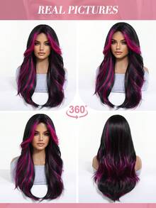 Topshe Ava WIGS 24英吋紅色挑染長波浪假髮，附簾幕瀏海，免膠水耐熱合成纖維無蕾絲假髮，女款黑色混紅長波浪假髮，適合日常穿戴、派對、Cosplay，多色假髮，完美的萬聖節女性禮物 - 紫色 - 查看 10