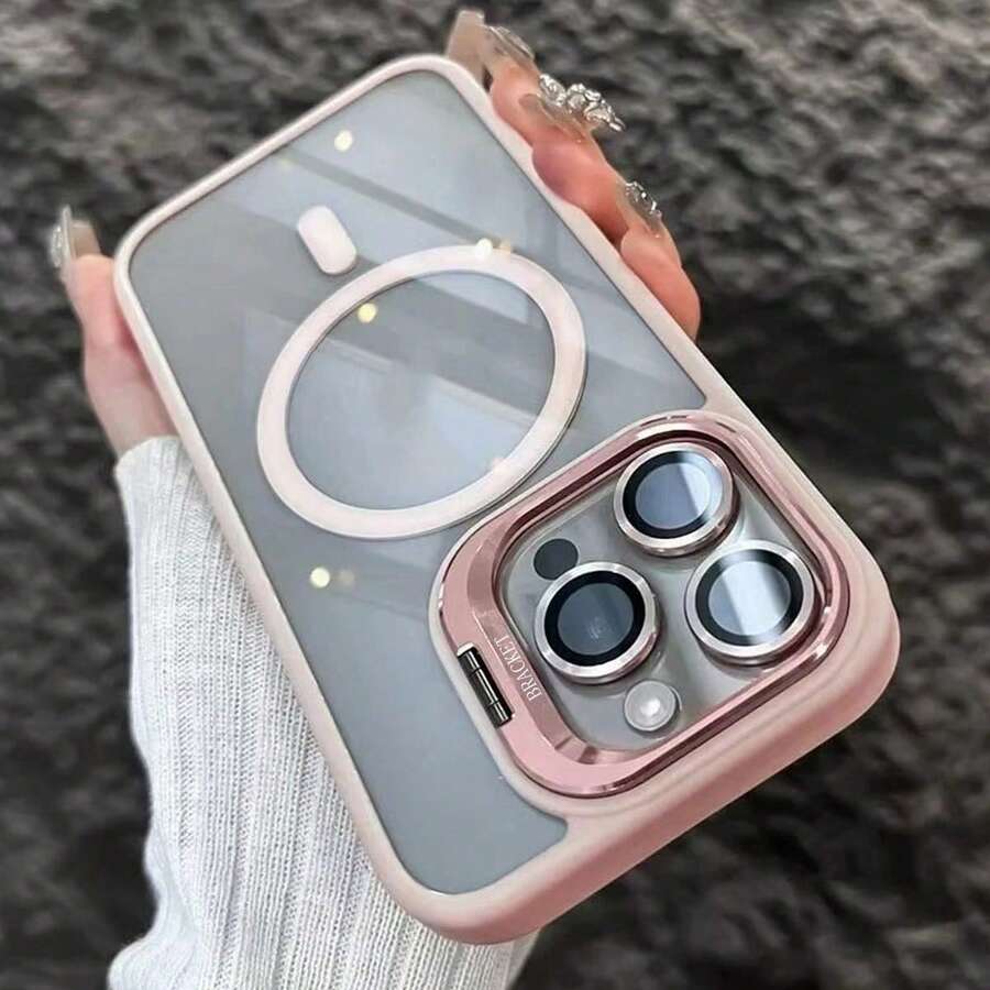 Casing Ponsel 3-in-1 dengan Bingkai Logam Magnetik Sederhana, Pelindung Lensa/Stand, Kompatibel dengan 16 16pro 16proMax 15 15Pro 15ProMax 14 14Pro 14ProMax 13 13Pro 13ProMax 12 12Pro 12ProMax 11, Casing Pelindung Belakang Akrilik Anti Jatuh dengan Cangkang Keras - Berwarna merah muda - View 1
