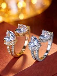 1pc Romantic Double Heart Exquisite Open Ring, Double Heart-Shaped Double-Track Splice Adjustable Ring, Gift For Women, Best Friend, Confession Jewelry - Ring - View 3
