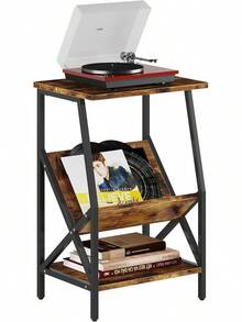 Soporte para tocadiscos, soporte para tocadiscos con almacenamiento de discos de vinilo, mesa auxiliar pequeña con estante para libros para sala de estar, dormitorio, mesita de noche, estilo industrial, marrón rústico - Negro - Ver 4