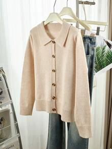 Women's Solid Color Knit Cardigan, Soft And Gentle, Minimalist Commuter Long Sleeve Shirt-Style Jacket - Apricot - View 6