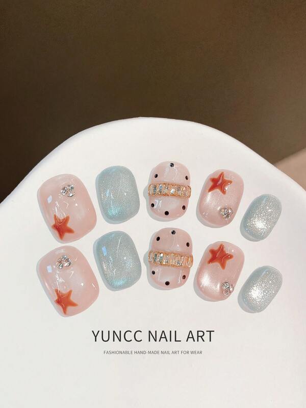 10pcs Handmade Nude Pink & Blue Cat Eye Star Press-On Nails, Sweet & Cool Short Square-Round Girly Nail Tips, Pure Handmade Fine Polishing & Shaping, Clear Nude Pink Cat Eye Base With Ice Blue Glitter Cat Eye Surface, Hand-Painted Orange-Red Five-Pointed Stars & Black Polka Dots, Decorated With Long Zirconia Chain & Delicate Rhinestones, Sweet & Cool Mixed Style Eye-Catching, Short Square-Round Nail Shape Compact & Rounded, Comfortable For Daily Office Typing Without Obstruction, Thin & Soft Nail Tips Fit Naturally To Nails, Reusable & Removable
