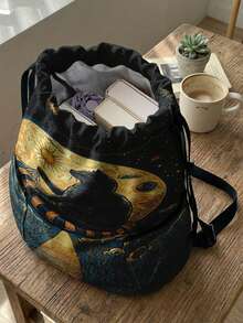 1PC Drawstring Backpack, Drawstring Sack, Sports Backpack, Large‑Capacity Lightweight Style, Outdoor & Fitness Storage Bag, Cat‑Pattern Printed, Convenient For Storing Sports Gears And Changing Clothes - Black Kitten 8401813 - View 2