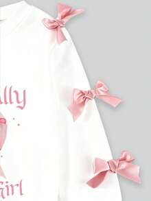 Young Girls Simple Fashionable Pink Bow Letter Print White Top And Pink Pants Sports Set Autumn/Winter - Pink - View 5