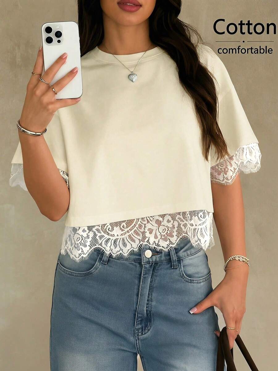 Pure Cotton Comfortable Versatile Lace Patchwork Casual Street Vacation T-Shirt Top, Spring/Summer - Cream Yellow - View 1