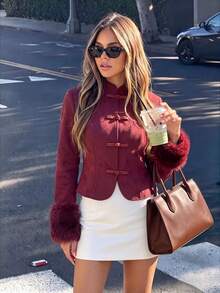 Women's Stand Collar Frog Button Faux Suede Jacket, Artificial Fur Cuffs Long Sleeve Slim Fit Short Coat - Burgundy - View 2