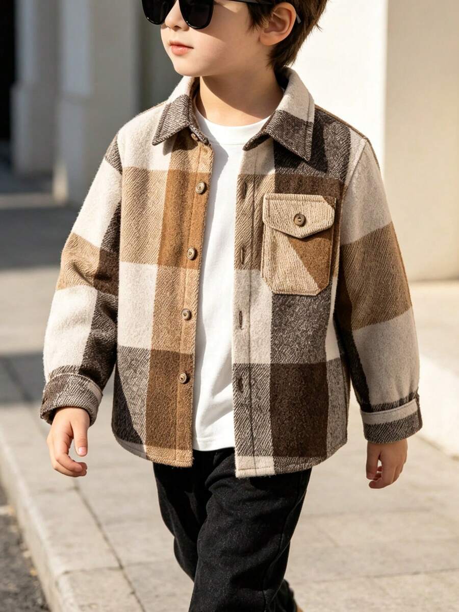 Young Boy Classic Versatile Casual Khaki Plaid Long Sleeve Shacket For Kids - Khaki - View 1