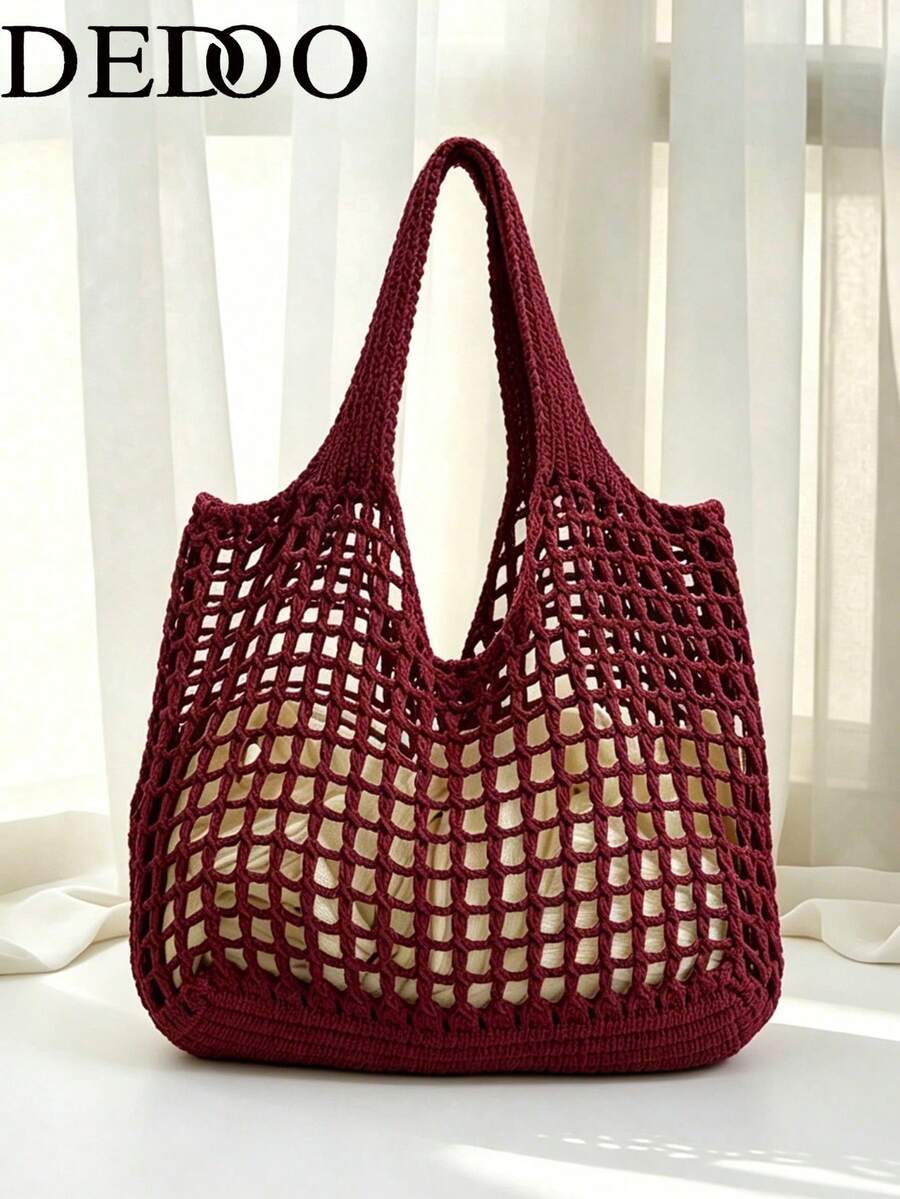 Dedoo Fashion Bohemian Crochet Women's Handbag, Beige Polyester Material, Vintage Handmade Feel, Large Capacity Open Tote Bag, Beach Handbag, Casual Travel, Woven Texture, Vacation Essential Suitable For Work, Back To School, Beach Bag, Holiday (No Inner Pocket)