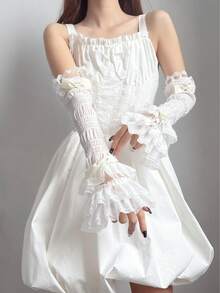 1 Pair Girls Lace Trim Patchwork Arm Sleeves, Ballet Style White & Black Sleeve Covers, Sweet Cute Lolita Bowknot Arm Warmers - Multicolor - View 6
