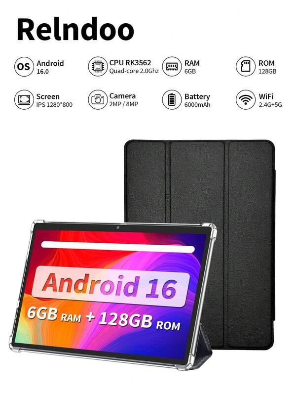 Relndoo 2026新款Android平板電腦附保護殼，10吋Android 16平板，2合1平板，RK3562四核2.0 GHz，6GB RAM+128GB ROM，2MP+8MP雙鏡頭，1280*800px HD觸控螢幕，6000mAh電池，802.11n Wifi 2.4G/5G無線，Pad（不含適配器）