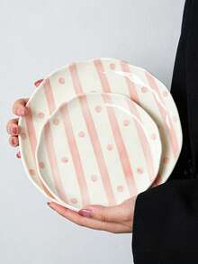 2pcs/1pc Hand Painted Striped & Polka Dot Ceramic Plates Set, Asymmetrical Wavy Rim Dinner Plates, Green Stripe Pink Dot Salad Dessert Serving Dishes, Microwave & Dishwasher , Tableware For Home Kitchen - Multicolor - View 3