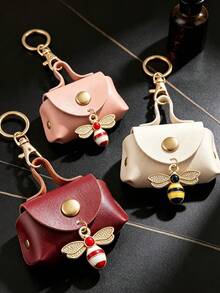 Mini Handbag Keychain Features A Bee Charm Accessories Series, Coin Wallet,Portable Small Bag Pendant,For Change,Earphone,Coins,Lipstick,Travel Essential - Multicolor - View 4