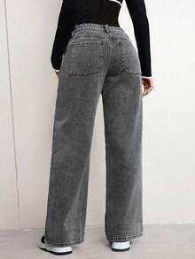 Jeans rectos de cintura baja de unicolor y ajuste holgado para adolescentes - Gris Oscuro - Ver 3