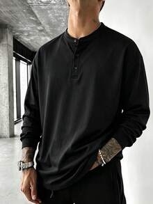 Men's Henley Collar Long Sleeve T-Shirt, Casual Loose Fit, With Button Placket, Daily Basic - Black - View 4